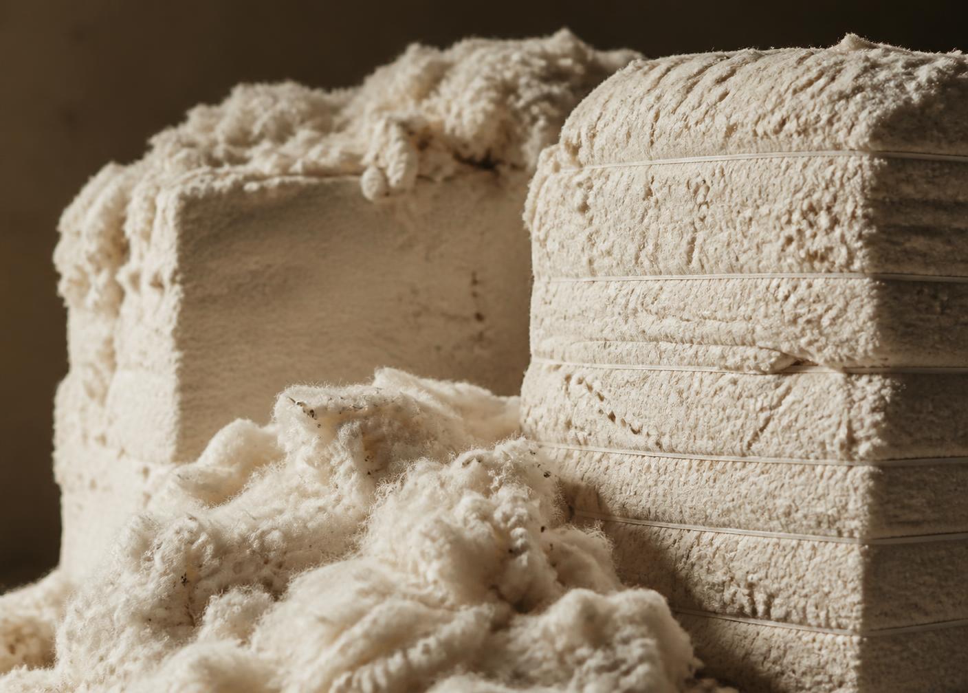 Cotton bales and loose raw cotton fibre